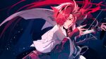  1boy amzk_knr asymmetrical_hair blood blood_on_face blood_on_hands crazy_grin fate/grand_order fate_(series) hair_over_one_eye highres holding holding_sword holding_weapon instrument long_hair long_sleeves multicolored_hair ponytail red_eyes red_hair shamisen smile solo streaked_hair sword takasugi_shinsaku_(fate) teeth two-tone_hair very_long_hair weapon wide_sleeves 