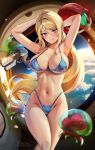  1girl armpits arms_behind_head arms_up bikini blonde_hair blue_eyes blush breasts cleavage collarbone foxyreine gun headwear_removed helmet helmet_removed highres large_breasts long_hair looking_at_viewer metroid metroid_(creature) mole mole_under_mouth navel ponytail samus_aran smile solo space stomach swimsuit thighs weapon 