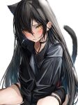  1girl absurdres animal_ears arknights black_choker black_hair black_jacket black_shorts blush cat_ears cat_tail choker commentary_request dagda_(arknights) ear_piercing hair_between_eyes highres jacket leather leather_jacket long_hair looking_at_viewer parted_lips piercing short_shorts shorts simple_background solo tab_head tail thigh_strap tsurime very_long_hair white_background yellow_eyes 
