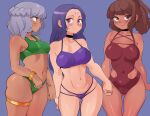  3girls absurdres alternate_costume alternate_hairstyle bare_shoulders bikini black_choker blush braid breasts brown_eyes brown_hair cafin cameltoe choker cowboy_shot dark-skinned_female dark_skin green_bikini grin highres kai&#039;sa large_breasts league_of_legends looking_at_viewer medium_breasts multiple_girls one-piece_swimsuit profile purple_background purple_bikini purple_eyes qiyana_(league_of_legends) red_one-piece_swimsuit shiny_skin simple_background smile swimsuit taliyah teeth 