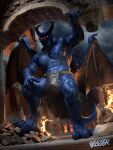  2023 anthro belt blue_body bottomwear brick burning_building castle chest_tattoo claws clothed clothing dark_sky debris demigod destruction detailed_background digital_media_(artwork) dragon facial_horn fire glowing glowing_eyes hi_res horn loincloth loincloth_only looking_at_viewer male membrane_(anatomy) membranous_wings muscular muscular_anthro muscular_male night obfuscator pecs plated_scales red_eyes rei_miguel ruined_building ruins scalie sky solo spiked_tail spikes spikes_(anatomy) standing tail tall tattoo teeth toe_claws wings 