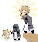 1girl 1other animal_ears arknights black_jacket candy cliff doctor_(arknights) food gloves highres hood hooded_jacket jacket lifting_person lion_ears lion_girl lion_tail lollipop long_sleeves siege_(arknights) soppos tail the_lion_king 