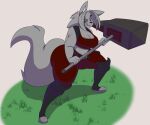  2022 5_fingers action_pose alternate_species anthro big_breasts black_belt boots bottomwear breasts canid canine canis cleavage clothed clothing dewwydarts female fingers fluffy fluffy_tail footwear fur grass grey_body grey_fur grey_hair hair hammer hi_res holding_hammer holding_melee_weapon holding_object holding_tool hybrid jackal looking_at_viewer mammal may_(dewwydarts) midriff pants plant pose purple_eyes red_bottomwear red_clothing red_pants red_topwear simple_background solo standing tail thick_thighs tools topwear warhammer wolf 