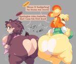 animal_crossing anthro apron apron_only ass_to_ass big_breasts big_butt black_eyes blonde_hair bottomless breasts brown_hair butt butt_bump canid canine canis clothed clothing domestic_dog duo english_text eulipotyphlan exclamation_point female female/female hair hedgehog hi_res huge_breasts huge_butt isabelle_(animal_crossing) lewd_dorky looking_back mammal multicolored_body nintendo onomatopoeia open_mouth sable_able shih_tzu shirt sound_effects speech_bubble text thick_thighs topwear toy_dog two_tone_body white_eyes wide_hips 