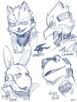  4boys animal_ears beak bird_boy body_fur character_name clenched_hand commentary english_commentary falco_lombardi fingerless_gloves fox_boy fox_ears fox_mccloud frog_boy furry furry_male gloves male_focus monochrome multiple_boys open_mouth peppy_hare pruh rabbit_boy rabbit_ears simple_background sketch slippy_toad star_fox upper_body white_background 