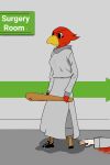  absurd_res angry anthro anuvisur_(artist) avian baseball_bat bat_(object) bird blood bodily_fluids breasts clothed clothing death digital_media_(artwork) english_text feathers female hi_res holding_object hospital human knife male mammal patch_(fabric) pegleg sign text toga young 