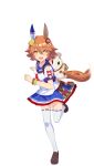  +_+ 1girl :d animal_ears blue_skirt bracelet brown_footwear clover_hair_ornament ear_covers ema flipped_hair full_body hair_ornament highres horse_ears horse_tail jewelry light_brown_hair loafers looking_at_viewer maneki-neko matikanefukukitaru_(umamusume) neckerchief official_art pleated_skirt red_neckerchief running school_uniform serafuku shoes short_hair single_ear_cover skirt smile solo tail thighhighs transparent_background umamusume yellow_eyes 