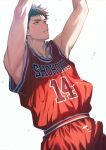  1boy arms_up basketball_uniform black_eyes black_hair cowboy_shot highres male_focus mitsui_hisashi parted_lips red_shorts red_tank_top short_hair shorts simple_background slam_dunk_(series) solo sportswear standing sweat tank_top vaw88zzz white_background 