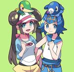  2girls :d blue_eyes blue_hair blue_pants blue_sailor_collar bright_pupils brown_hair closed_mouth commentary_request double_bun doughnut_hair_bun green_background green_eyes hair_bun hairband highres lana_(pokemon) locked_arms multiple_girls no_sclera on_head one-piece_swimsuit open_mouth pants pokemon pokemon_(creature) pokemon_(game) pokemon_bw2 pokemon_on_head pokemon_sm popplio raglan_sleeves rosa_(pokemon) sailor_collar shirt short_hair shorts simple_background sleeveless sleeveless_shirt smile snivy sutokame swimsuit swimsuit_under_clothes twintails visor_cap white_pupils white_shirt yellow_hairband yellow_shorts 