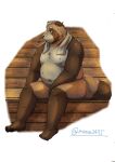  2023 anthro belly big_belly bodily_fluids brown_body canid canine hi_res kemono male mammal maron2475 moobs navel nipples overweight overweight_male raccoon_dog sauna sitting solo sweat tanuki towel towel_around_neck 