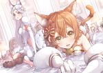  2girls all_fours animal_ear_fluff animal_ears april_(pride_of_eden) barefoot bell blush book book_stack bow breasts brown_hair cat_ears cat_tail cleavage dress dutch_angle elbow_gloves flower foreshortening gloves hair_between_eyes hair_bow highres indoors lamp looking_at_viewer looking_back multiple_girls neck_bell olivia_(pride_of_eden) on_bed painting_(object) purple_eyes red:_pride_of_eden remon_(sato) sitting small_breasts striped striped_bow tail white_dress white_flower white_gloves white_hair yellow_eyes 