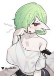  1girl artist_name bare_shoulders black_shorts blurry blush bob_cut breasts cleavage collarbone colored_skin commentary covered_nipples crop_top crop_top_overhang depth_of_field drooling english_commentary gardevoir green_hair hair_over_one_eye half-closed_eyes hand_up highres huge_breasts looking_at_viewer messy_hair nipples no_bra off_shoulder one_eye_covered open_mouth personification pokemon pokemon_(creature) red_eyes saliva see-through see-through_shirt shiny_skin shirt short_hair short_shorts short_sleeves shorts signature simple_background sitting solo strap_slip teeth twitter_logo twitter_username upper_body white_background white_shirt white_skin yawning yuii_(yuika9200) 