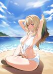  1girl armpits arms_up bare_arms bare_legs beach black_hair blonde_hair blue_eyes blue_sky breasts cleavage closers cloud from_side full_body gradient_hair hands_in_hair harpy_(closers) highres indian_style island large_breasts leg_ribbon lens_flare long_hair looking_at_viewer looking_to_the_side multicolored_hair o-ring o-ring_swimsuit ocean official_art one-piece_swimsuit outdoors parted_lips ribbon sand sandals sideboob sidelocks sitting sky slingshot_swimsuit solo swimsuit white_footwear white_one-piece_swimsuit white_ribbon 