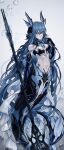  1girl absurdres blue_hair bubble fins fish_tail frown grey_hair highres holding holding_weapon lamia_(punishing:_gray_raven) long_hair mechanical_arms mermaid monster_girl polearm punishing:_gray_raven tail ting_zhi_yue trident underwater weapon 