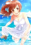  1girl :d bare_shoulders blue_sky blush bow breasts brown_eyes brown_hair cleavage cloud collarbone cowboy_shot dated day dot_nose dress frilled_dress frills hair_bow hair_ribbon holding_sandals horizon idolmaster idolmaster_cinderella_girls idolmaster_cinderella_girls_starlight_stage igarashi_kyoko leg_up lens_flare long_hair looking_at_viewer medium_breasts nira_(vira) ocean open_mouth outdoors ribbon shoes shoes_removed side_ponytail signature sky sleeveless sleeveless_dress smile solo sparkle splashing standing standing_on_one_leg teeth upper_teeth_only white_dress white_ribbon 