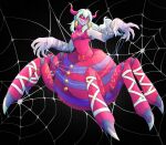  1girl archnemon arthropod_girl bandaged_wrist bandages black_background digimon digimon_(creature) highres horns long_hair looking_at_viewer monster_girl pink_shirt sharp_teeth shirt shoupitsuki silk simple_background sleeveless solo spider_girl spider_web teeth white_hair yellow_eyes 