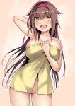  1girl :d absurdres ahoge areola_slip ass_visible_through_thighs blush breasts brown_eyes brown_hair collarbone cowboy_shot groin hair_between_eyes hair_flaps hairband highres jewelry kantai_collection kuromayu large_breasts long_hair looking_at_viewer naked_towel open_mouth red_hairband ring shiratsuyu_(kancolle) shiratsuyu_kai_ni_(kancolle) smile solo towel wedding_ring 