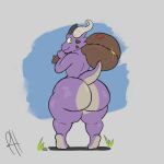  1:1 2022 2_horns abstract_background anthro bag big_butt biped butt countershade_butt countershade_feet countershade_scales countershade_tail countershading facial_spikes feet gold_(metal) grass green_eyes grey_body grey_scales hi_res holding_object horn huge_butt kobold male nude perfecthorizon plant purple_body purple_scales scales scalie shadow signature soles solo spikes spikes_(anatomy) spots spotted_body spotted_scales tail thick_thighs wide_hips 