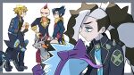  4boys belt black_hair black_jacket blonde_hair blue_eyes blue_shirt border eyeshadow grey_border grimsley_(pokemon) hand_on_own_hip highres horns houndoom jacket looking_at_another luxray makeup male_focus mightyena multicolored_hair multiple_boys official_alternate_costume outside_border pendant_choker piers_(pokemon) piers_(sygna_suit)_(pokemon) pokemon pokemon_(game) pokemon_bw pokemon_dppt pokemon_masters_ex pokemon_oras red_hair scarf shirt sidney_(pokemon) tongue tongue_out toxtricity toxtricity_(low_key) volkner_(pokemon) yellow_scarf yunme 