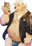  absurd_res anthro bear belly bulge cigarette cigarette_in_mouth clothing cu_sith_(tas) eyewear fur glasses hair hi_res jacket junxiong_0814 leib_(tas) lifewonders male mammal musclegut navel object_in_mouth pecs plushie polar_bear ponytail smoking solo speedo swimwear tokyo_afterschool_summoners topwear ursine white_body white_fur 