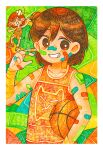  1boy 720m_orange @_@ ball bandaged_arm bandages bandaid bandaid_on_arm bandaid_on_face bandaid_on_nose basketball_(object) brown_eyes brown_hair collarbone dark-skinned_male dark_skin grin highres holding holding_ball kel_(omori) omori short_hair smile solo teeth 