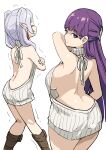  2girls absurdres bare_arms bare_shoulders boots breasts brown_footwear closed_eyes closed_mouth crossed_arms drop_earrings earrings fern_(sousou_no_frieren) frieren from_behind grey_background grey_hair highres jewelry large_breasts long_hair looking_at_viewer looking_back meme_attire multiple_girls naked_sweater pointy_ears purple_eyes purple_hair shiny_skin simple_background sousou_no_frieren sweater tenten_(chan4545) trembling virgin_killer_sweater 