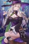  1girl ai_tkkm black_dress black_hairband black_headwear black_sleeves blush boots breasts bridal_gauntlets brown_footwear cleavage closed_mouth commentary_request corrin_(female)_(fire_emblem) corrin_(female)_(halloween)_(fire_emblem) corrin_(fire_emblem) detached_collar detached_sleeves dress earrings fire_emblem fire_emblem_fates fire_emblem_heroes grey_hair hair_between_eyes hairband halloween_costume hat highres jewelry long_hair looking_at_viewer medium_breasts official_alternate_costume pointy_ears purple_nails red_eyes smile solo thighs wavy_hair witch witch_hat 