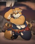  2023 absurd_res anthro bulge canid canine canis detailed_background domestic_dog hi_res kemono male mammal musashi_(tamacolle) one_eye_closed reddo12340 scar slightly_chubby solo tamacolle weapon 
