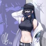  1girl bangs bare_shoulders baseball_cap belt black_belt black_headwear black_shirt blue_archive blue_eyes blue_hair blunt_bangs breasts coat commentary crop_top drop_shadow hand_up hat large_breasts long_hair long_sleeves mb_(mbisnotmybad) midriff navel off_shoulder open_clothes open_coat saori_(blue_archive) shirt sleeveless sleeveless_shirt stomach upper_body white_coat zoom_layer 