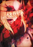  1girl blonde_hair breasts crown dragon_claw dragon_girl facial_mark fate/grand_order fate_(series) gem halterneck hand_in_own_hair highres looking_at_viewer nero_claudius_(fate) one_eye_covered queen_draco_(fate) queen_draco_(second_ascension)_(fate) red_background red_eyes red_ribbon revealing_clothes ribbon robe scales shiushiu_kurauneru_plus small_breasts upper_body white_robe 