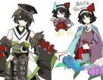  1boy 1other =_= aaayamitsu absurdres amanomiya_jun black_eyes black_hair black_headwear black_sleeves blue_cape blue_umbrella boots cape chibi chinese_text closed_mouth closed_umbrella collared_shirt colored_inner_hair commentary_request detached_sleeves green_eyes green_hair hairband hand_on_own_hip hat highres holding holding_umbrella indie_virtual_youtuber jacket japanese_clothes kimono len&#039;en long_sleeves multicolored_hair multiple_tails neck_ribbon no_mouth no_nose pleated_skirt polka_dot polka_dot_cape purple_jacket red_footwear red_ribbon red_skirt ribbon shirt short_hair simple_background sketch skirt sleeveless sleeveless_kimono smile sweat sweatdrop tabinoki_kanae tail translation_request umbrella umbrella_hair_ornament virtual_youtuber walking white_background white_hairband white_kimono white_shirt wide_sleeves 