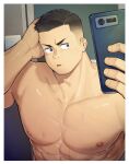  1boy abs absurdres bara black_hair border cellphone collarbone commentary_request crew_cut facing_viewer hand_on_own_head hands_up highres holding holding_phone indoors large_pectorals male_focus muscular muscular_male nipples original parted_lips pectorals phone sarukichi_6401 selfie shiny_skin short_hair sideburns smartphone solo sweat topless_male upper_body white_border 