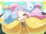  1girl ;d asamaru1225 blue_hair blush bow-shaped_hair character_hair_ornament commentary_request eyelashes grey_shirt hair_ornament highres iono_(pokemon) jacket long_hair looking_at_viewer multicolored_hair one_eye_closed open_mouth pink_hair pokemon pokemon_(game) pokemon_sv purple_eyes shirt smile solo teeth tongue two-tone_hair upper_body upper_teeth_only yellow_jacket 