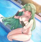  1girl bare_shoulders beach_chair bikini blush breasts circlet cleavage collarbone dutch_angle earrings gem green_bikini green_gemstone hair_intakes half_updo hand_up hedge highres irena_(maplestory) jewelry korean_commentary large_breasts light_green_hair long_hair looking_at_viewer maplestory navel open_mouth orangewink pool sitting soaking_feet solo swimsuit thighs underboob very_long_hair water wet yellow_eyes 