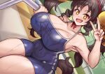  +_+ :d armpits bare_shoulders breasts brown_hair cleavage covered_navel drill_hair dutch_angle fang horse_girl large_breasts long_hair marvelous_sunday_(umamusume) nantokana open_mouth orange_eyes pool_ladder saddle_hair_ornament school_swimsuit side_drill sitting smile sweat swimsuit taut_clothes taut_swimsuit thick_thighs thighs tracen_swimsuit twintails umamusume v 