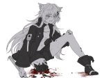  1girl animal_ear_fluff animal_ears antenna_hair arknights bandeau bare_legs bleeding blood blood_on_leg blood_splatter boots breasts bruise bruise_on_face buttons collarbone collared_jacket commentary_request fingerless_gloves fingernails from_side full_body gloves greyscale half-closed_eyes hand_on_own_knee hand_up high_collar highres holding holding_sword holding_weapon infection_monitor_(arknights) injury invisible_floor itonatsu jacket knee_up kneeling lappland_(arknights) leaning leaning_forward long_hair long_sleeves looking_afar looking_ahead medium_breasts messy_hair midriff missing_limb monochrome nail_polish navel on_one_knee open_clothes open_jacket pain parted_lips scar scar_across_eye scar_on_face shorts solo spot_color stomach sweat sword teeth weapon wide_sleeves wolf_ears wolf_girl 