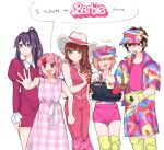  1boy 4girls ^_^ artist_name barbie_(character) barbie_(character)_(cosplay) barbie_(franchise) barbie_(live_action) blush bow breasts brown_eyes brown_hair cleavage closed_eyes cosplay cup disposable_cup doki_doki_literature_club dress drinking_straw green_eyes hair_behind_ear hat hat_bow highres hinaten holding holding_cup holding_tray juliet_sleeves ken_(barbie) ken_(barbie)_(cosplay) logo long_sleeves medium_breasts monika_(doki_doki_literature_club) multiple_girls natsuki_(doki_doki_literature_club) open_hand pants pink_dress pink_eyes pink_hair pink_pants pink_shirt pink_shorts plaid plaid_dress protagonist_(doki_doki_literature_club) puffy_sleeves purple_eyes purple_hair sayori_(doki_doki_literature_club) shirt shorts sleeveless sleeveless_shirt smile speech_bubble tray visor_cap yuri_(doki_doki_literature_club) 