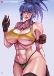  1girl abs arm_pouch blue_eyes blue_hair breasts camouflage camouflage_panties crop_top dog_tags earrings gloves jewelry kachima large_breasts leona_heidern muscular muscular_female navel no_pants panties ponytail soldier solo sports_bra tank_top the_king_of_fighters the_king_of_fighters_xv thick_thighs thighs toned triangle_earrings underwear yellow_tank_top 