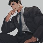  1boy absurdres bara black_hair black_suit bulge elbow_rest from_below frown highres large_pectorals long_sideburns looking_ahead louis_tjxx male_focus muscular muscular_male original pectorals salaryman short_hair sideburns solo suit thick_eyebrows tight_clothes 