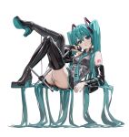  1girl absurdly_long_hair absurdres aqua_eyes aqua_hair aqua_necktie black_footwear black_skirt black_sleeves boots collared_shirt colored_shoe_soles commentary_request detached_sleeves grey_shirt hair_between_eyes hair_ornament hatsune_miku head_tilt highres holding holding_microphone invisible_chair knees_up leaning_back long_hair looking_at_viewer microphone microphone_stand miniskirt necktie number_tattoo panties pantyshot parted_lips shirt shoe_soles shoulder_tattoo simple_background sitting skirt sleeveless sleeveless_shirt solo tachibana_wataru_(123tsuki) tattoo teeth thigh_boots tie_clip twintails underwear very_long_hair vocaloid white_background white_panties 