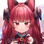  1girl alternate_hairstyle animal_ears bell black_dress blush cat_ears closed_mouth commentary dress extra_ears highres jingle_bell kaenbyou_rin long_hair portrait red_eyes red_hair solo symbol-only_commentary touhou utsuro114514 