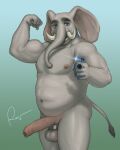 2021 abs anthro balls belly biceps blue_eyes cellphone elephant elephantid erection flexing flexing_bicep foreskin genitals grin hi_res holding_cellphone holding_object holding_phone holding_smartphone looking_at_viewer male mammal manly mature_male musclegut muscular navel nipples nude pecs penis phone proboscidean proboscis_(anatomy) rov simple_background slightly_chubby smartphone smile solo taking_selfie testicle_cuff triceps trunk_(anatomy) tusks vein veiny_penis 