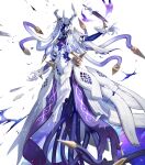  1girl broken damaged dress english_commentary fire_emblem fire_emblem_heroes ginnungagap_(fire_emblem) gloves highres horns hou_(ppo) mask mechanical_horns multicolored_hair official_art one-eyed purple_hair solo tentacle_hair torn_cloth transparent_background two-tone_hair white_dress white_gloves white_hair white_mask 