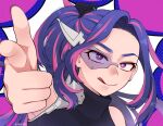 1girl aiming armpits bare_shoulders boku_no_hero_academia finger_gun glasses highres lady_nagant long_hair looking_at_viewer multicolored_background pointing ponytail purple_background purple_eyes purple_hair shio_to_no_soko solo tongue tongue_out twitter_username 