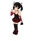  1girl black_hair candy fashion food gothic_lolita hair_ribbon highres lolita_fashion lollipop non-web_source original plaid plaid_skirt platform_footwear red_eyes ribbon skirt solo thighhighs twintails 