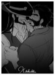  2boys bara beard collared_shirt couple cowboy_hat cup facial_hair from_side graves_(league_of_legends) greyscale hair_slicked_back hat hat_over_eyes karipaku league_of_legends long_hair male_focus mature_male monochrome multiple_boys mustache shirt short_hair sketch smile thick_eyebrows twisted_fate yaoi 