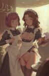  2girls bigrbear black_bow black_bowtie bow bowtie breasts brown_hair brown_thighhighs highres looking_at_viewer maid medium_breasts multiple_girls nipples original pussy red_hair short_hair standing thighhighs uncensored 