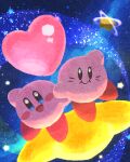  absurdres blush_stickers colored_skin dual_persona heart highres kirby kirby:_star_allies kirby_(series) looking_at_viewer miclot no_humans open_mouth pink_skin pop_star smile solid_oval_eyes space star_(sky) star_(symbol) warp_star 