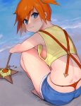  1girl beach blue_eyes blue_shorts breasts commentary_request crop_top from_behind gatchan highres holding holding_stick light_smile looking_at_viewer looking_back misty_(pokemon) no_bra ocean orange_hair outdoors panties pokemon pokemon_(anime) pokemon_(classic_anime) pokemon_(creature) poking red_panties short_hair short_shorts shorts side_ponytail sideboob small_breasts squatting staryu stick string_panties suspender_shorts suspenders tank_top underwear yellow_tank_top 