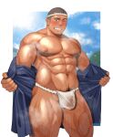  1boy abs armpit_hair armpit_hair_peek bara bare_pectorals blush bright_pupils bulge buzz_cut come_hither covered_penis feet_out_of_frame fundoshi grey_hair grin hachimaki happi headband highres japanese_clothes kansuke_(kansuke_717) kimono large_pectorals leg_hair long_sideburns looking_at_viewer male_focus male_pubic_hair mature_male muscular muscular_male navel navel_hair nipples open_clothes open_kimono original outstretched_arms pectorals pubic_hair pubic_hair_peek seductive_smile see-through short_hair sideburns smile solo sparse_navel_hair spread_arms standing stomach strongman_waist summer_festival sweat thick_thighs thighs undressing very_short_hair very_sweaty wet wet_clothes wet_fundoshi 